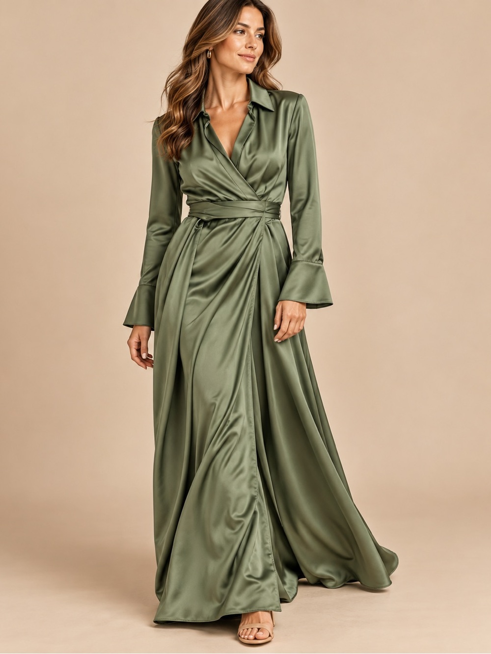 Xscape Olive Green Satin Wrap Maxi Dress Size 18W